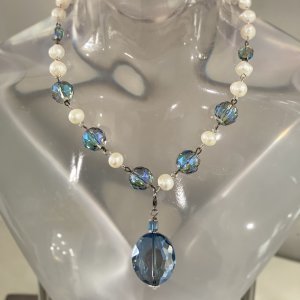 Bermuda Blue Crystal and Freshwater Pearl Choker